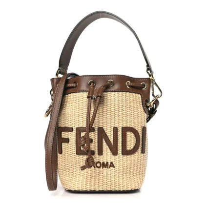 FENDI MINI F IS FENDI LOGO CROCHET MON TRESOR BUCKET BAG NATURAL/BROWN STRAW GOLD HARDWARE