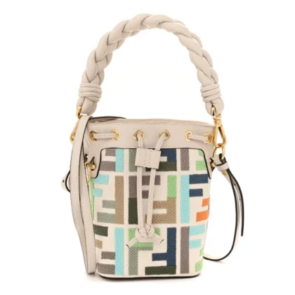 FENDI MINI F IS FENDI FF MULTICOLOR EMBROIDERED MON TRESOR BUCKET BAG GREZZO/MULTICOLOR/LATTE CANVAS & GRACE VITELLO LEATHER GOLD HARDWARE
