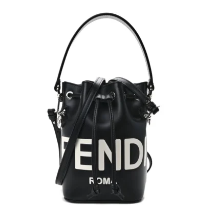 FENDI MINI F IS FENDI LOGO EMBOSSED MON TRESOR BUCKET BAG BLACK KING VITELLO LEATHER SILVER HARDWARE