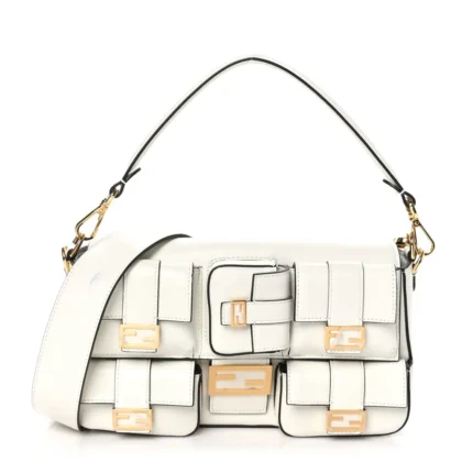 FENDI MULTIPOCKET BAGUETTE WHITE ICE SHINY NAPPA LEATHER GOLD HARDWARE