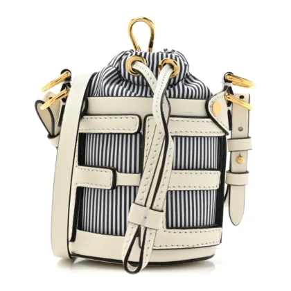 FENDI NANO LOGO STEP OUT BUCKET BAG WHITE/BLUE NYLON & KING VITELLO LEATHER GOLD HARDWARE