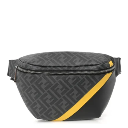 FENDI CENTURY LOGO FF 1974 DIAGONAL BELT BAG BLACK/SUNFLOWER GLAZED FABRIC & LIBERTY VITELLO LEATHER SILVER HARDWARE