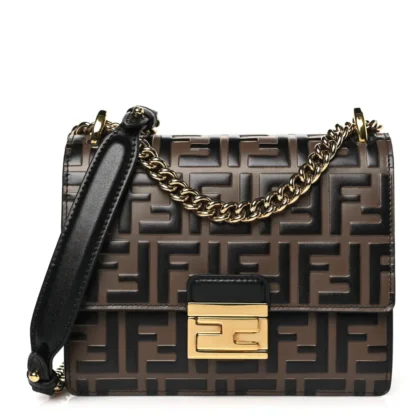 FENDI SMALL FF 1974 EMBOSSED KAN U SHOULDER BAG MAYA/BLACK BI-COLOR LIBERTY VITELLO LEATHER GOLD HARDWARE