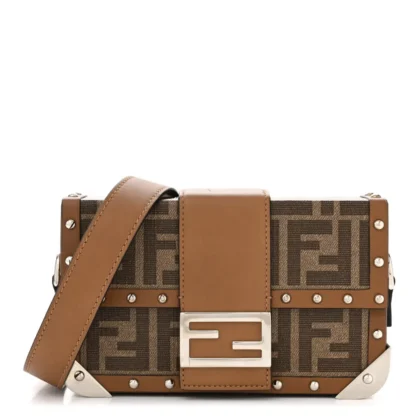 FENDI MINI FF 1974 BAGUETTE TRUNK MOGANO/PANNA/CUOIO SHINY GLAZED FABRIC & VACHETTA LEATHER SILVER HARDWARE