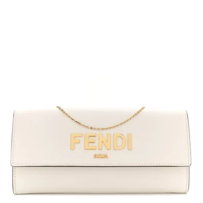 FENDI METAL FENDI ROMA LOGO CHAIN CONTINENTAL WALLET WHITE KYOTO VITELLO LEATHER GOLD HARDWARE