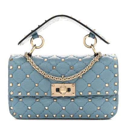 VALENTINO GARAVANI SMALL ROCKSTUD SPIKE SHOULDER BAG AQUA NAPPA LEATHER LIGHT GOLD HARDWARE