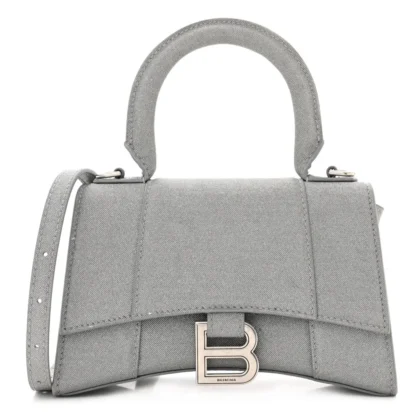 BALENCIAGA XS HOURGLASS TOP HANDLE BAG SILVER SPARKLING FABRIC SILVER HARDWARE