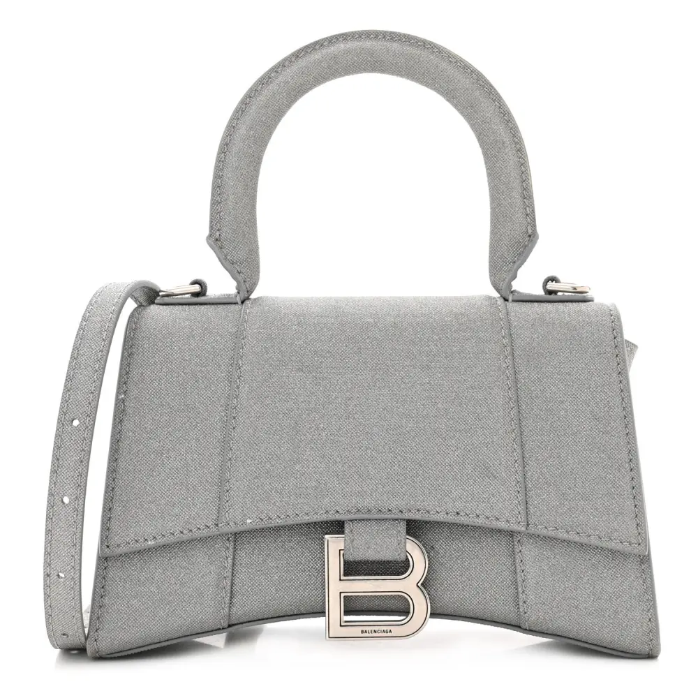 BALENCIAGA XS HOURGLASS TOP HANDLE BAG SILVER SPARKLING FABRIC SILVER HARDWARE