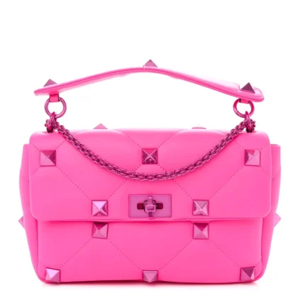 VALENTINO GARAVANI LARGE ROMAN STUD SHOULDER BAG PINK PP LACQUER MONOCHROME NAPPA LEATHER INCOGNITO HARDWARE