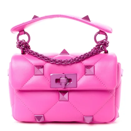 VALENTINO GARAVANI SMALL ROMAN STUD SHOULDER BAG PINK PP LACQUER MONOCHROME NAPPA LEATHER INCOGNITO HARDWARE