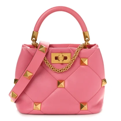 VALENTINO GARAVANI SMALL ROMAN STUD THE HANDLE BAG FLAMINGO PINK NAPPA LEATHER GOLD HARDWARE