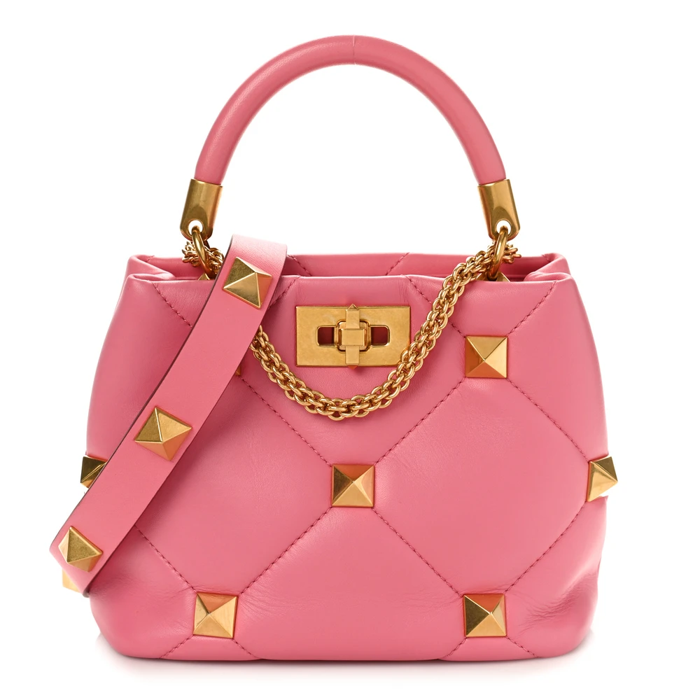 VALENTINO GARAVANI SMALL ROMAN STUD THE HANDLE BAG FLAMINGO PINK NAPPA LEATHER GOLD HARDWARE