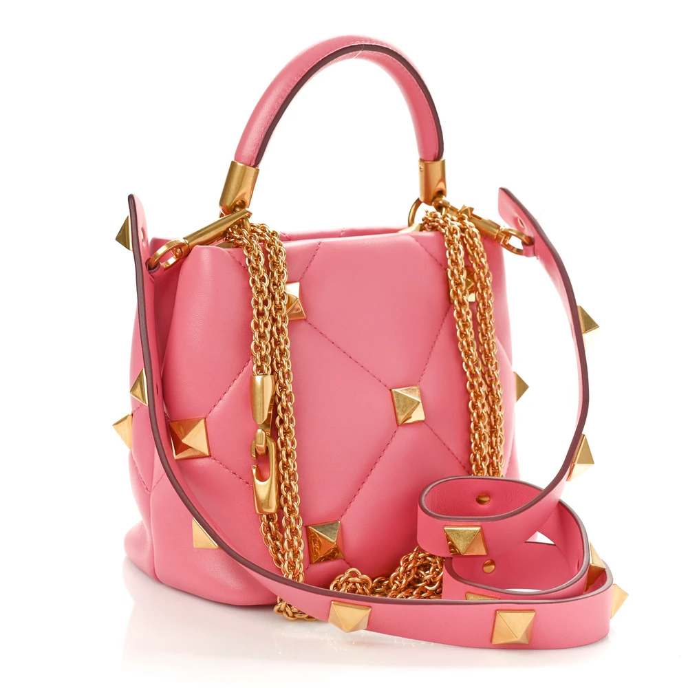 VALENTINO GARAVANI SMALL ROMAN STUD THE HANDLE BAG FLAMINGO PINK NAPPA LEATHER GOLD HARDWARE - Image 3