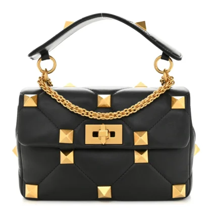 VALENTINO GARAVANI SMALL ROMAN STUD SHOULDER BAG BLACK NAPPA LEATHER BRASS HARDWARE