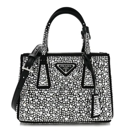 PRADA MINI GALLERIA DOUBLE ZIP TOTE BLACK METAL SATIN & CRYSTAL SILVER HARDWARE