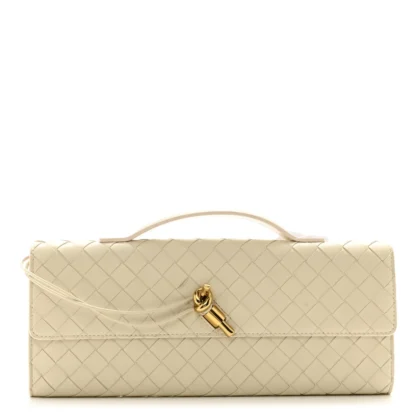 BOTTEGA VENETA MEDIUM INTRECCIATO LONG ANDIAMO TOP HANDLE SEA SALT NAPPA LEATHER GOLD HARDWARE