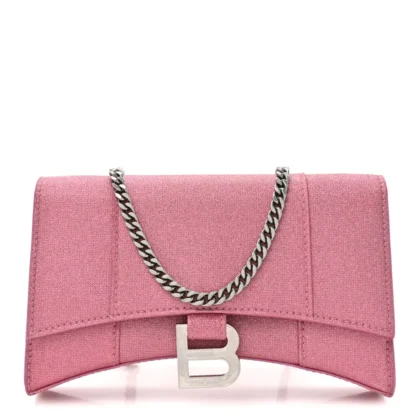 BALENCIAGA XS HOURGLASS WALLET ON CHAIN SWEET PINK SPARKLING FABRIC SILVER HARDWARE