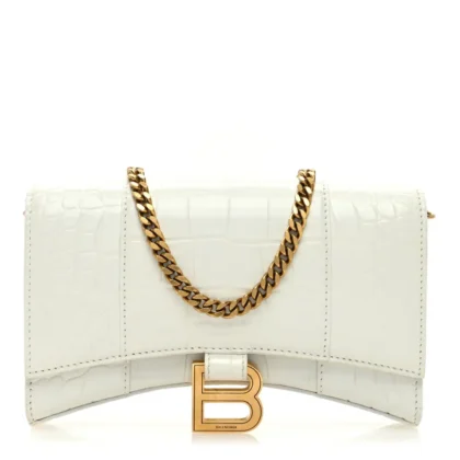 BALENCIAGA XS HOURGLASS CHAIN BAG WHITE CROCODILE EMBOSSED SHINY CALFSKIN LEATHER GOLD HARDWARE