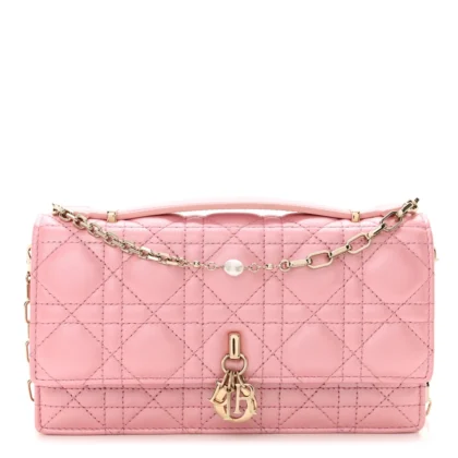 DIOR MINI MY DIOR TOP HANDLE CLUTCH ANTIQUE PINK CANNAGE LAMBSKIN LEATHER GOLD HARDWARE