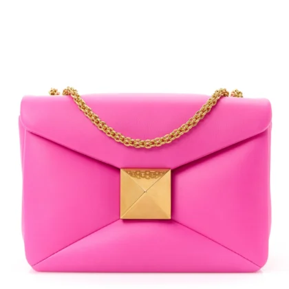 VALENTINO GARAVANI SMALL ONE STUD CHAIN CLUTCH PINK PP NAPPA LEATHER GOLD HARDWARE