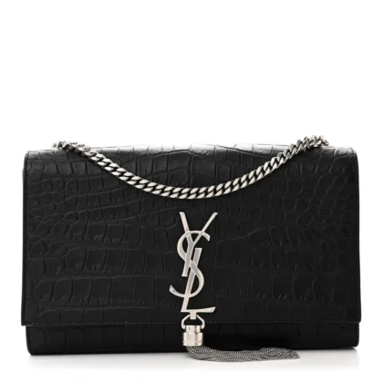 SAINT LAURENT MEDIUM KATE TASSEL SATCHEL BLACK EMBOSSED CLASSIC MONOGRAM CALFSKIN & CROCODILE LEATHER SILVER HARDWARE