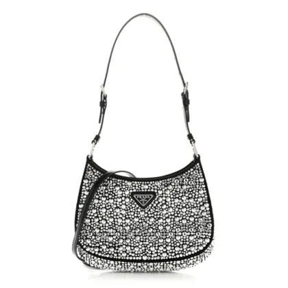 PRADA MEDIUM CLEO ADJUSTABLE STRAP SHOULDER BAG METAL SATIN & CRYSTAL SILVER HARDWARE