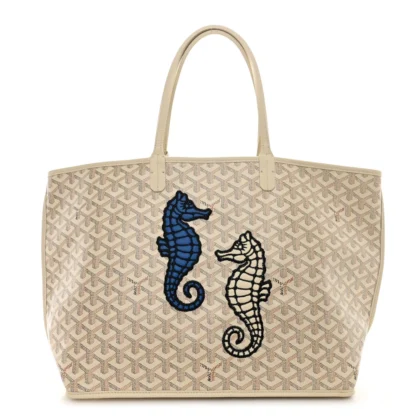 GOYARD EMBROIDERED SEAHORSE REVERSIBLE ANJOU TOTE PM SAND GOYARDINE CANVAS