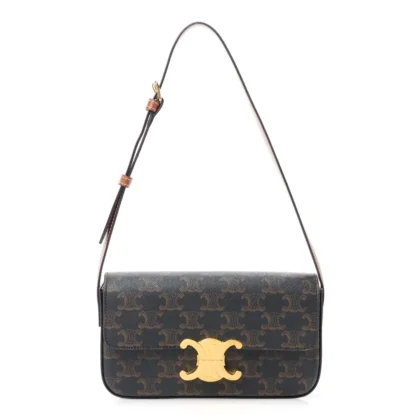 CELINE MEDIUM TRIOMPHE SHOULDER BAG TAN CANVAS & CALFSKIN LEATHER GOLD HARDWARE