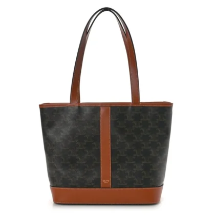 CELINE SMALL CABAS BAG TAN TRIOMPHE CANVAS & CALFSKIN LEATHER GOLD HARDWARE