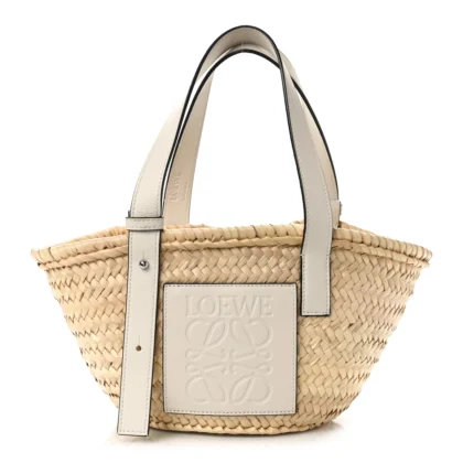 LOEWE BASKET TOTE BAG SMALL NATURAL/WHITE RAFFIA & CALFSKIN LEATHER