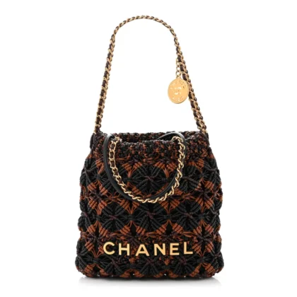 CHANEL MINI BLACK / LIGHT BROWN / BURGUNDY CHANEL 22 CALFSKIN LEATHER MACRAME AGED GOLD HARDWARE