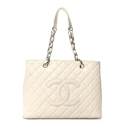 CHANEL GRAND SHOPPING TOTE (GST) LARGE WHITE QUILTED CAVIAR LEATHER SILVER HARDWARE