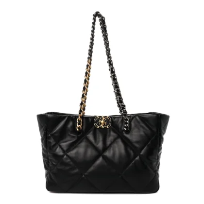 CHANEL EAST-WEST SHOPPING BAG MEDIUM BLACK CHANEL 19 QUILTED LAMBSKIN LEATHER MIXED METAL HARDWARE