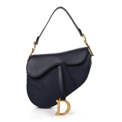 DIOR MEDIUM SADDLE BAG NAVY BLUE GRAINED CALFSKIN LEATHER GOLD HARDWARE