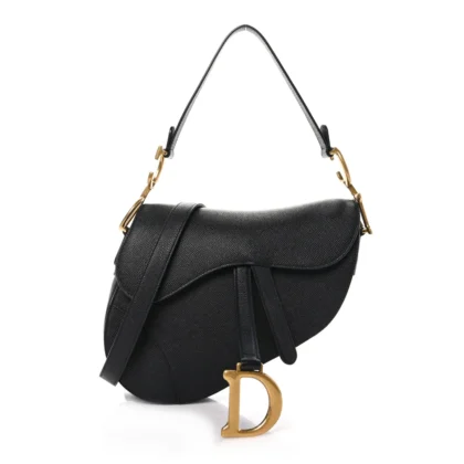 DIOR MEDIUM SADDLE BAG BLACK GRAINED CALFSKIN LEATHER GOLD HARDWARE