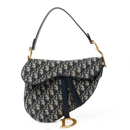 DIOR MEDIUM SADDLE BAG BLUE OBLIQUE CANVAS BRASS HARDWARE