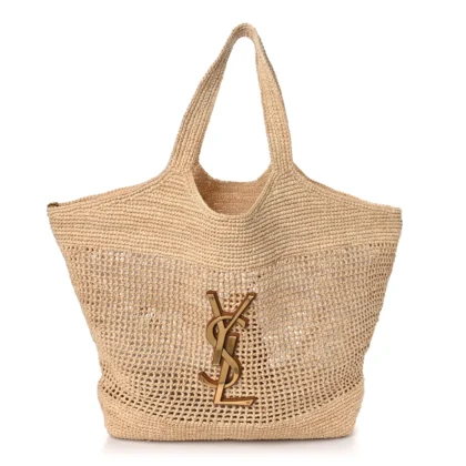 SAINT LAURENT LARGE ICARE MAXI SHOPPING TOTE NATURAL RAFFIA BRASS HARDWARE
