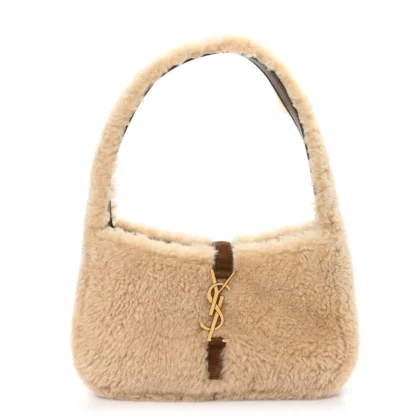 SAINT LAURENT MINI LE 5 ?? 7 HOBO NATURAL BEIGE SHEARLING GOLD HARDWARE