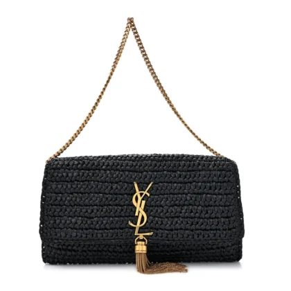 SAINT LAURENT MEDIUM KATE 99 TASSEL MONOGRAM RAFFIA BLACK GOLD HARDWARE