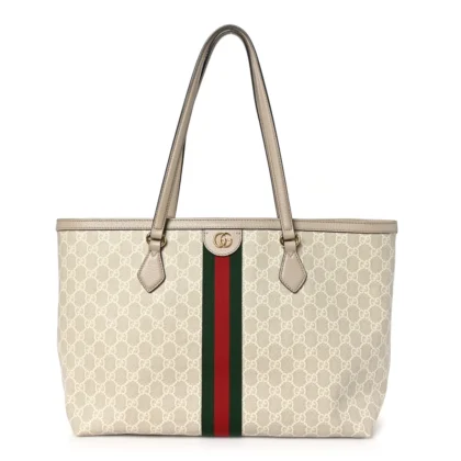 GUCCI MEDIUM OPHIDIA SHOPPING TOTE BEIGE / MYSTIC WHITE / OATMEAL GG SUPREME MONOGRAM COATED CANVAS & TEXTURED DOLLAR CALFSKIN LEATHER GOLD HARDWARE