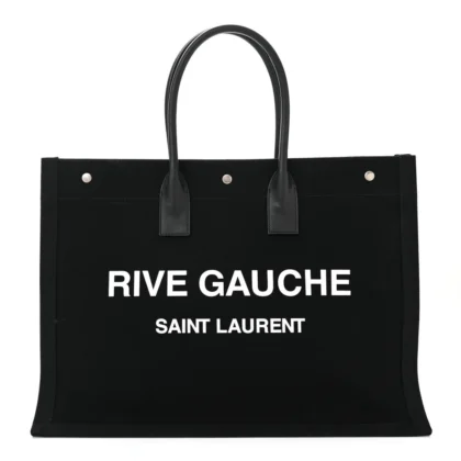 SAINT LAURENT LARGE RIVE GAUCHE TOTE BLACK LINEN & CALFSKIN LEATHER