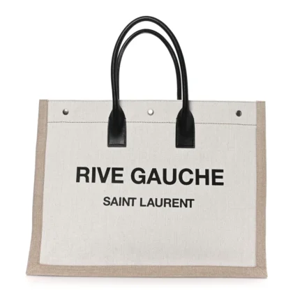 SAINT LAURENT LARGE RIVE GAUCHE TOTE OPTIC WHITE LINEN & CALFSKIN LEATHER
