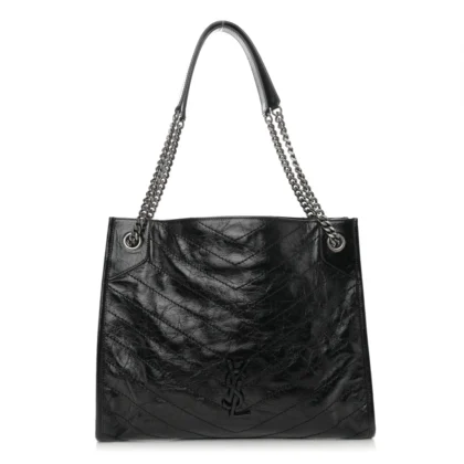 SAINT LAURENT MEDIUM NIKI SHOPPER TOTE BLACK CRINKLED MONOGRAM CALFSKIN MATELASSE LEATHER SILVER HARDWARE