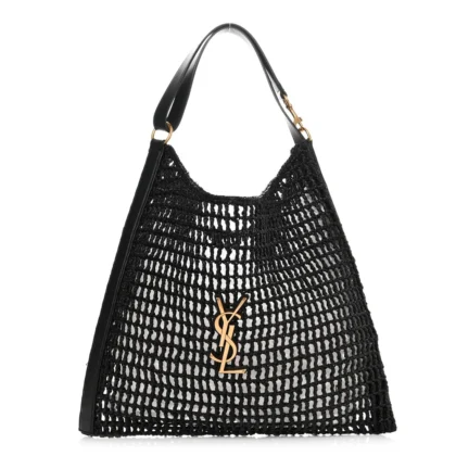 SAINT LAURENT MEDIUM OXALIS SHOULDER BAG BLACK RAFFIA & CALFSKIN LEATHER GOLD HARDWARE