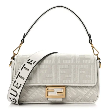 FENDI EXTRA STRAP FF EMBROIDERED BAGUETTE WHITE ICE CANVAS & KING VITELLO LEATHER GOLD HARDWARE