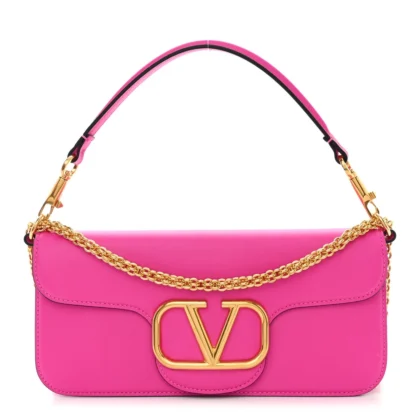 VALENTINO GARAVANI SMALL VLOGO LOCO SHOULDER BAG PINK PP CALFSKIN LEATHER GOLD HARDWARE