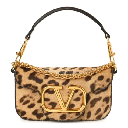 VALENTINO GARAVANI SMALL VLOGO LOC?? SHOULDER BAG BROWN MULTICOLOR PONY HAIR LEOPARD GOLD HARDWARE