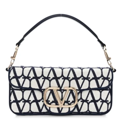 VALENTINO GARAVANI SMALL VLOGO LOC?? SHOULDER BAG WHITE/WORKER TOILE ICONOGRAPHE COTTON SILVER HARDWARE