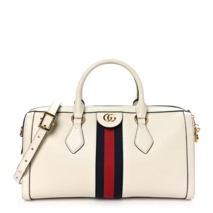 GUCCI MEDIUM OPHIDIA BOSTON BAG MYSTIC WHITE SUEDE & PATENT LEATHER GG WEB GOLD HARDWARE