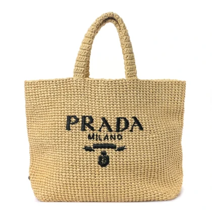 PRADA LARGE EFFECT CROCHET EMBROIDERED LOGO TOTE NATURALE YARN RAFFIA
